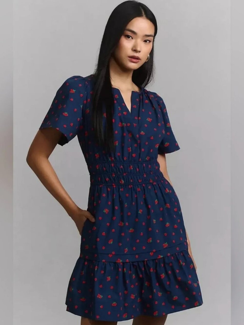 Anthropologie Somerset Mini Dress in Sapphire Navy Strawberry Print